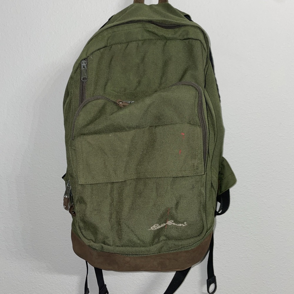 Vintage Eddie Bauer Suede Bottom Backpack Green Travel Camping School Hiking